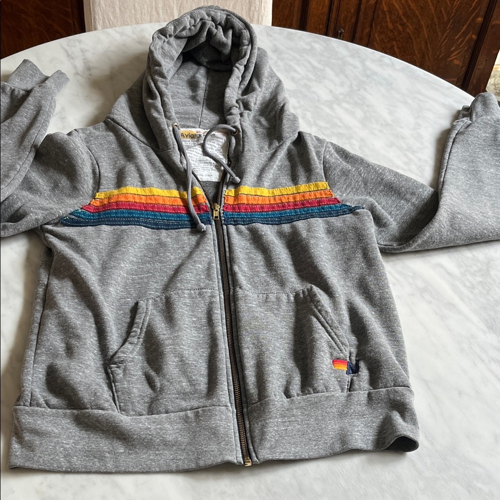 Aviator Nation “5 Stripe” Hoodie in Heather Grey with Rainbow Accents